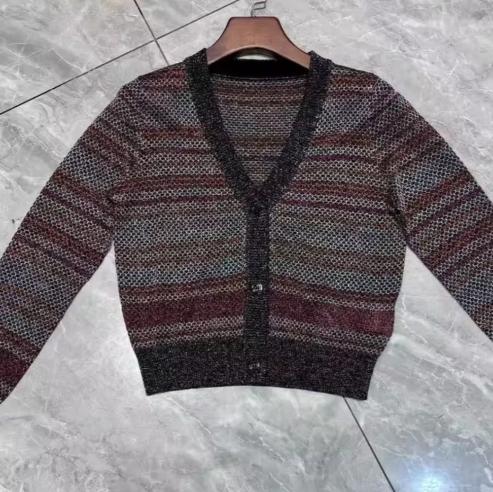 Women's Striped Knitted Cardigan V-Neck Long SleeveSingle Breasted Vintage - Picture 7 of 7
